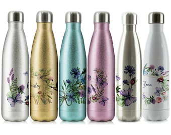 Personalised Flower Water Bottle 500ml Glitter Stainless Steel Flask Customised with Initial or Name