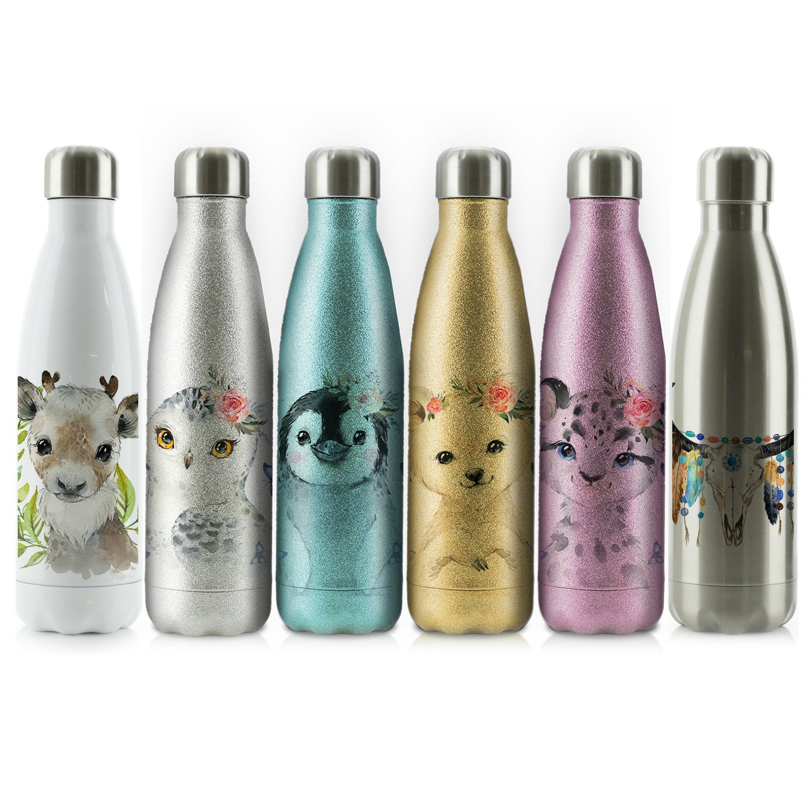 Personalised Penguin Bottle, 500ml  Stainless Steel Flask Drink Bottle with Customised Initial or Name
