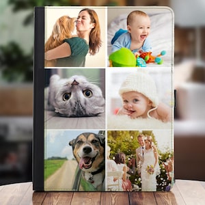 Könnte beinhalten: Eine Collage aus sechs Fotos mit verschiedenen Motiven, darunter eine Frau und ein Hund, eine Katze, ein Baby und ein Hochzeitspaar. Die Fotos sind in einem Raster angeordnet und auf weißem Hintergrund gedruckt.