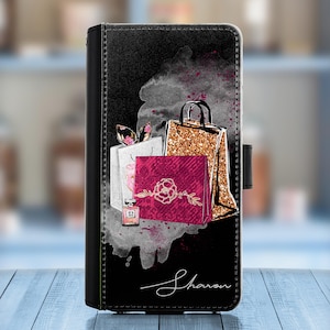 Personalised pink gold flower Leather phone case for Motorola G4 G5 G6 G7 G8, Oppo, One Plus Custom with  name on a PU wallet cover