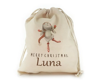 Personalised Christmas gift sack with dancing rabbit design on a drawstring bag, great stocking with name added