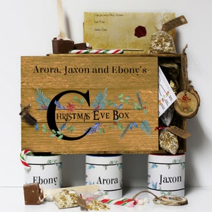 Caja de Nochebuena personalizada con tapa, incluye taza y agitador de chocolate caliente, bastón de caramelo, carta de Papá Noel, bolas de comida de reno con nombre,