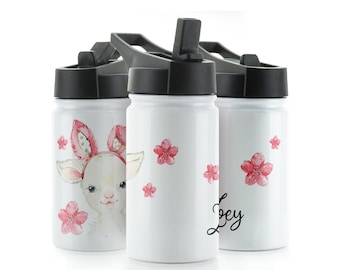 Personalised Lamb Water Bottle, 350ml White Sports Flask with Straw Cap Flip Lid Customised with Initial or Name,