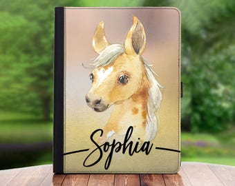 Étui personnalisé pour iPad à cheval, étui à rabat en cuir avec nom personnalisé