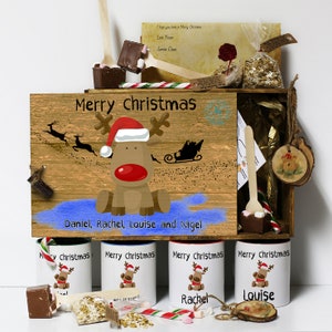 Caja de Nochebuena con tapa personalizada, incluye taza y agitador de chocolate caliente, bastón de caramelo, carta de Papá Noel, bolas de comida de reno con nombre,