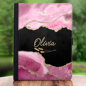 Custom case for iPad, leather PU Personalised with initial tablet case 360 swivel cover for apple pink, black and gold marble designs