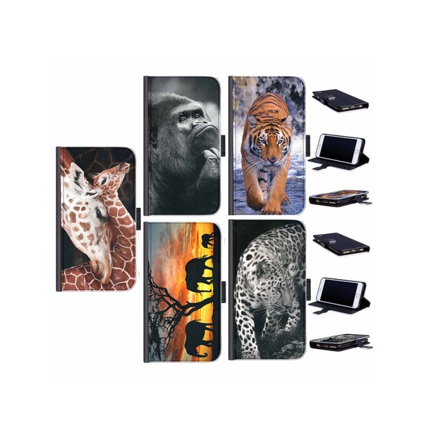 Leather phone case for Samsung models, PU wallet cover with Giraffe, Leopard, Gorilla design