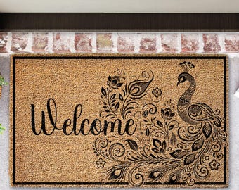 Peacock Door mat – Coir Welcome with peacock feathers