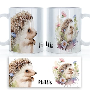 Mug hérisson personnalisé, design animal des bois avec nom personnalisé, cadeau pour lui