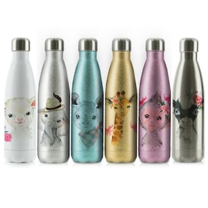 May include: Set of six stainless steel water bottles with different animal designs. The bottles are silver, gold, pink, blue, white, and gray. Each bottle has a different animal design, including a giraffe, an elephant, a rhino, a monkey, a lamb, and a black and white animal.