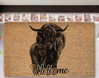 Highland Cow & Calf Welcome Doormat – Rustic Coir Entry Rug