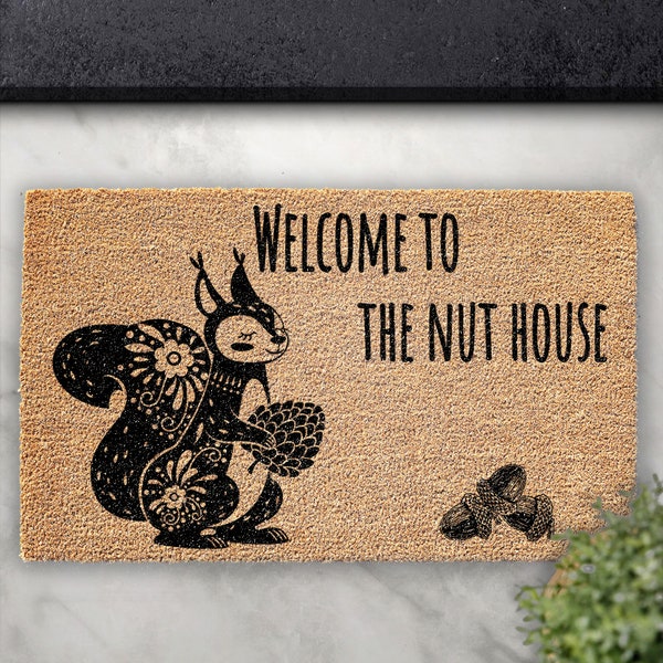 Squirrel Coir Doormat with Welcome | Door mat | Welcome Rug | Front door Woodland animal