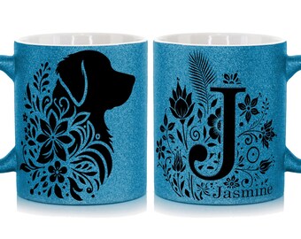 Personalized Glitter Dog Mug | Custom Floral Peacock Name Coffee Mug