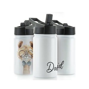 May include: Three white stainless steel water bottles with black lids and handles. The bottle on the left has a cartoon llama with glasses and a bow tie. The middle bottle has the name "David" written on it.
