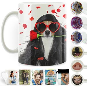 May include: White ceramic mug featuring a dog wearing heart-shaped sunglasses and a black wig, holding a red rose. Additional mugs with various designs are also shown, including family photos and birthday themes. A fun and unique gift idea.