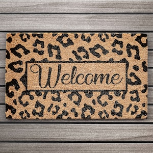 Paillasson en fibre de coco avec motif Welcome Animal Print | Paillasson | Tapis à imprimé léopard | Paillasson
