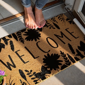 Coir Doormat with flower silhouettes | Door mat | Welcome Rug | Front door Mat
