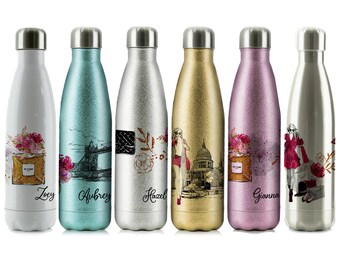 Personalised Fashion Water Bottle, 500ml Stainless Steel Drinks Flask with Customised Initial or Name