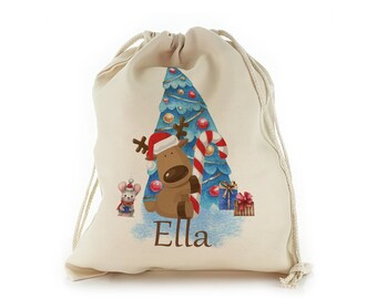 Saco navideño personalizado con diseño de reno y bastón de caramelo, bolsa con cordón.