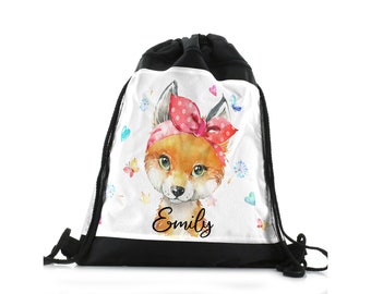 Personalised fox drawstring bag Customised with Name, ideal for kids football, PE and games bag