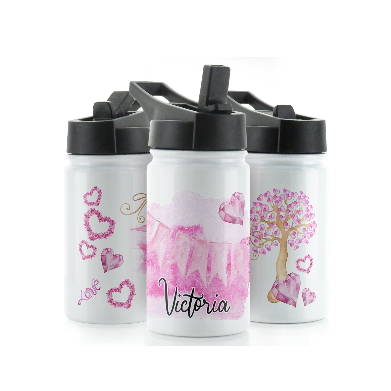Personalized Valentine's Love Water Bottle 350ml White Sports Flask with Straw Cap Flip Lid, Stainless Steel Customised with Initial or Name