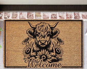 Highland Cow Door mat – Rustic Coir Welcome with cow and sunflowers