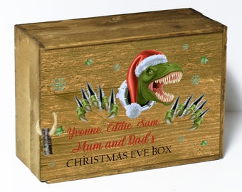 Personalised Christmas Eve Box with Lid, empty xmas eve box with custom name Dinosaur design