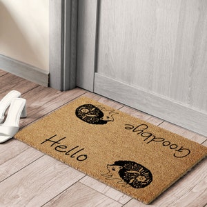 Felpudo de coco con diseño Hello Goodbye Hedgehog / Felpudo de puerta / Alfombra de bienvenida / Estera de puerta principal