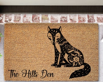 Custom Fox Coir Doormat with name | Door mat | Welcome Rug | Front door Woodland animal