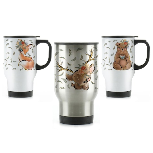 Gepersonaliseerde reismok vos - beer, hert - cadeaumok - thermoskan