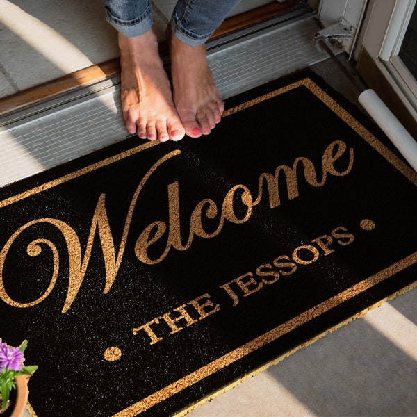 Felpudo personalizado con bienvenida y nombre / Estera de puerta de coco / Alfombra de bienvenida personalizada / Estera de puerta principal