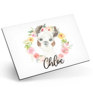 Puede incluir: Una ilustraci&oacute;n de acuarela de una llama con una corona de flores alrededor de su cabeza. La llama tiene orejas marrones y una nariz marr&oacute;n. La corona est&aacute; hecha de flores rosas, amarillas y blancas. El texto "Chloe" est&aacute; escrito debajo de la llama.