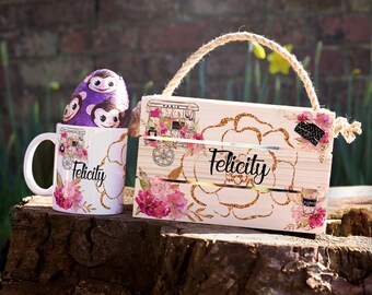 Personalised Easter wooden basket, Crate Coffe cup bag, flowers custom name- Perfect gift | Egg hunt | Custom Mug | Cadburys chocolate egg
