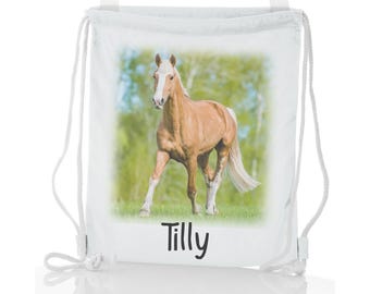 Personalized image Glitter Drawstring Bag, Kids Dance/Gym Bag | Pink | Champagne Gold | White Sparkle bag