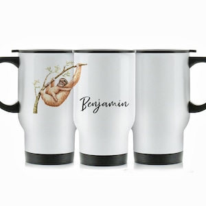 Personalised Koala Travel Mug, 400ml White or Silver Stainless Steel Travel Mug with Handle, with Initial or Name