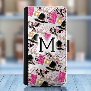 Personalised black flower Leather phone case for Nokia 6 7.1 8 9 pure view Lumia, Google Pixel 2, 3,4 5 XL custom name on a PU wallet cover