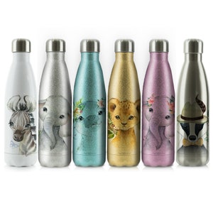 Personalised hippo Bottle, 500ml Stainless Steel Flask Drinks Bottle with Customised Initial or Name