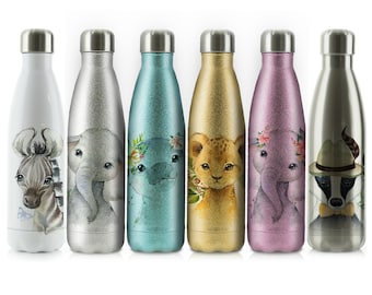 Personalised hippo Bottle, 500ml Stainless Steel Flask Drinks Bottle with Customised Initial or Name