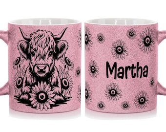 Personalized Glitter Highland Cow Mug | Custom Name Coffee Mug