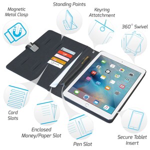 Peut inclure: Un &eacute;tui folio en cuir noir avec un support int&eacute;gr&eacute; pour tablette. L'&eacute;tui comporte plusieurs emplacements pour cartes, un porte-stylo et un emplacement pour argent/papier. La tablette est s&eacute;curis&eacute;e dans l'&eacute;tui avec une rotation &agrave; 360 degr&eacute;s.
