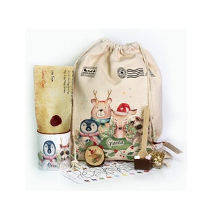 Juego de regalo de saco de Navidad personalizado / Saco de Nochebuena personalizado, incluye carta de Papá Noel personalizada, adorno, taza y más.