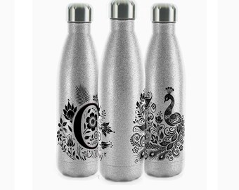 Personalised Cow Water Bottle 500ml Stainless Steel Flask Peacock, Bulldog Custom with Initial or Name