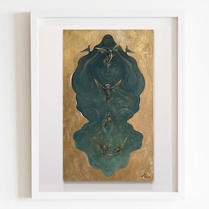 May include: Abstract painting in a white frame. The artwork has a gold background with a teal central design. Within the teal shape are depictions of birds and an angel. The painting is signed in the bottom right corner.
