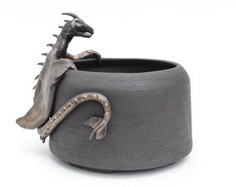 Bonsai Pot Dragon 4.5" | Metallic Black Sculpture Wheel Thrown Planter with Drainage | Ceramic Stoneware | Small Batch Pottery | Texas USA