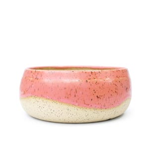 Puede incluir: Un cuenco de cerámica con un diseño moteado de dos tonos. La mitad superior es de un rosa coral vibrante, mientras que la mitad inferior es de color crema moteado. El cuenco tiene una forma redondeada y probablemente se utiliza para servir o exhibir.