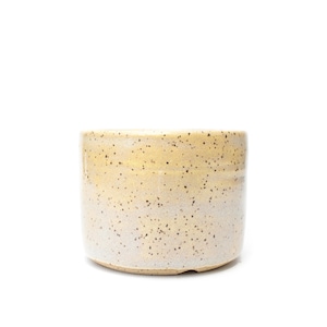 May include: A cylindrical ceramic planter featuring a speckled finish. The upper portion displays a soft yellow hue that transitions into a light cream color at the base. The surface is covered in small, dark brown speckles throughout the exterior.