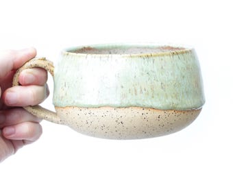 Seafoam Green Speckled Stoneware Shallow Coffee Mug: Handmade Ceramic Pottery