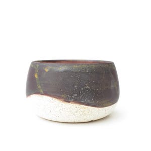 May include: A rounded ceramic bowl featuring a two-tone design with a dark, mottled charcoal and deep purple upper section and a speckled, off-white base. The surface has a smooth, matte texture with subtle yellow-green highlights along the rim.