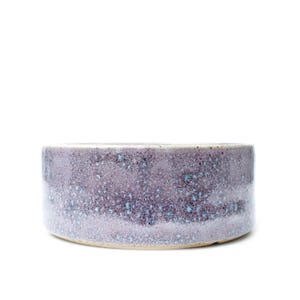 Peut inclure: Un bol rond et bas en céramique avec une surface tachetée et texturée. Le bol est principalement de couleur violet mat avec de petits points turquoise-bleu épars. Le bord et la base sont d'une couleur argile naturelle plus claire.