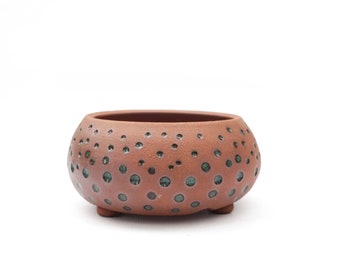 3.5" Succulent or Cactus Planter Pot w. Drainage | Green Crater Spot Pitted Wheel Thrown Red Stoneware Ceramic | Texas Handmade Pottery